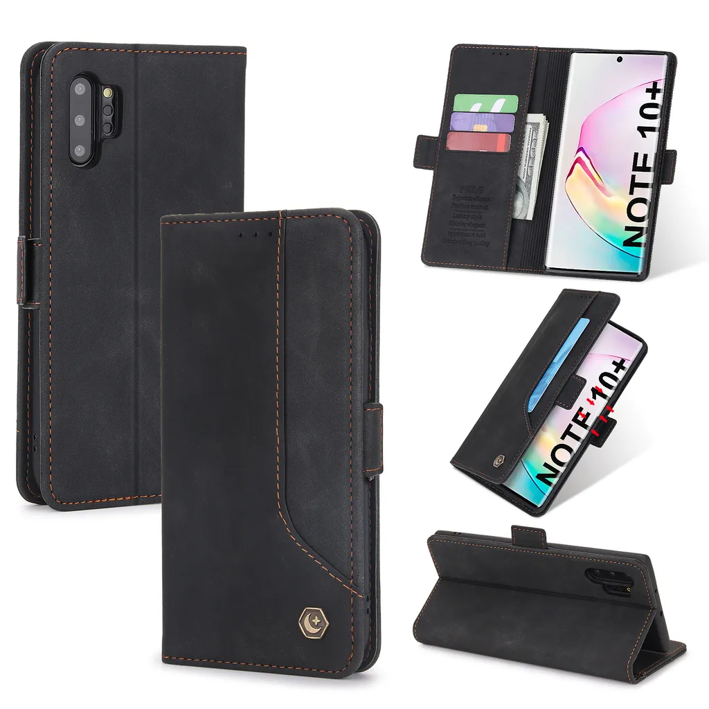 Custodia retrò in Finto cuoio per Samsung Galaxy Note 10 / Note 10 5G con design a portafoglio, porta carte e supporto nero