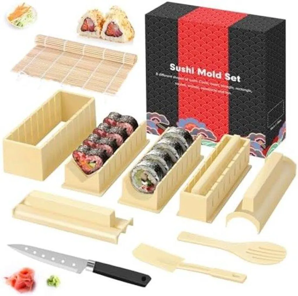 Kit complet pour sushis maison incluant tapis à rouler et moules variés