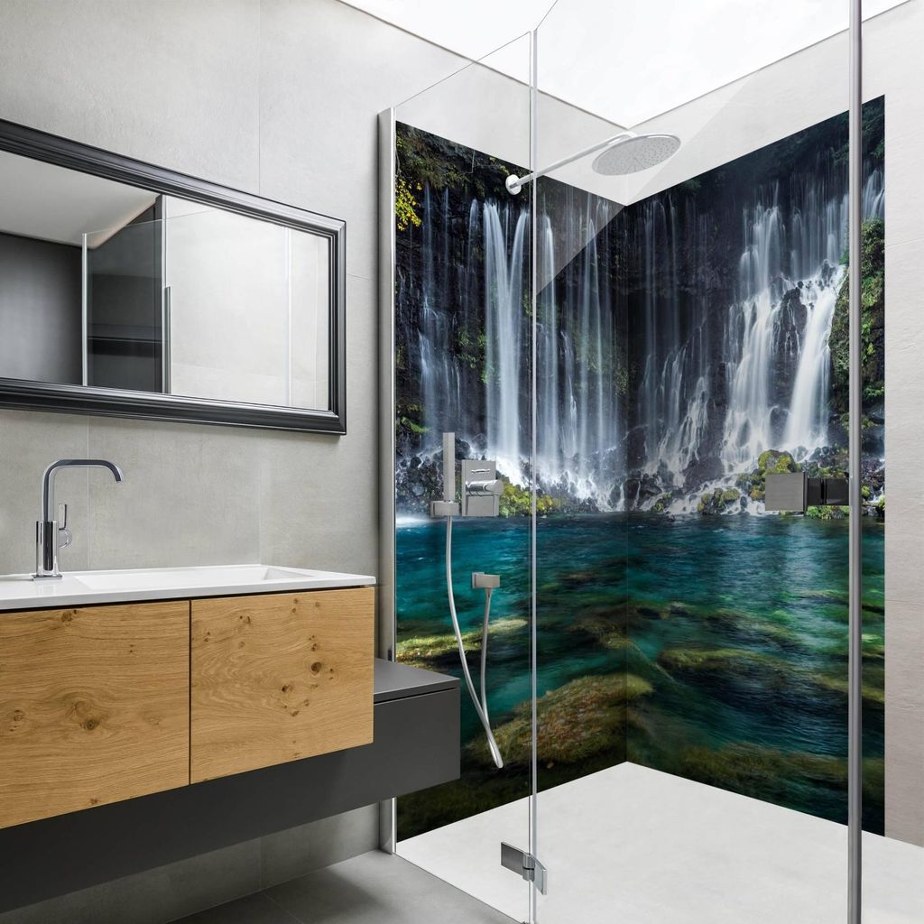 Duschrückwand Wald selbstklebend - 0.61 mm Wandpaneel wasserfest Asien petrol Motiv Badrückwand fugenlos Premium matt 100x200 cm