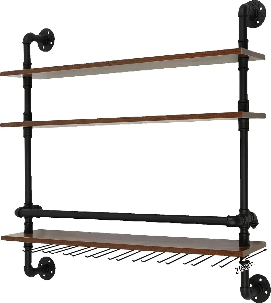 Casier à vin design mural bois noir 3 étagères suspendues Loft