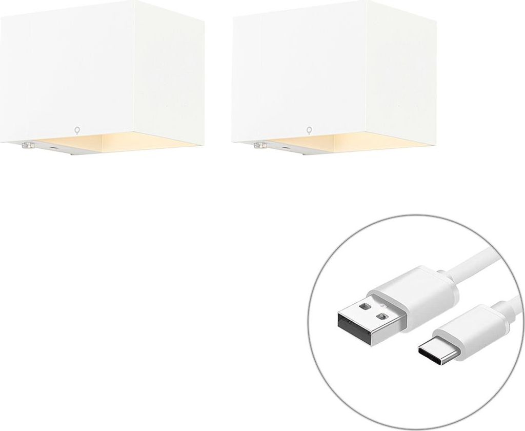QAZQA - Modern Set mit 2 Wandleuchten weiß mit Dimmer wiederaufladbar - Joris Touch-funktion Dimmer I Dimmbar I Wohnzimmer I Schlafzimmer I Up I D...
