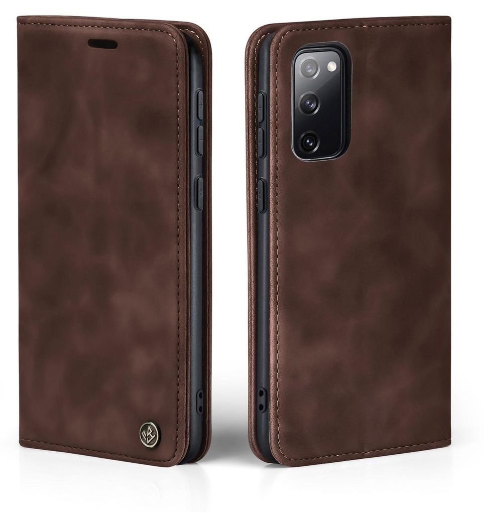 A brown leather flip case for a smartphone, shown from two angles.