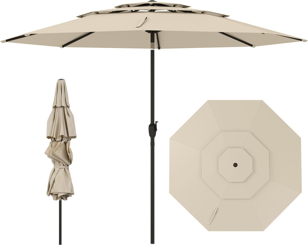 A beige patio umbrella is shown in three different views: fully open, closed, and a top-down view of the open umbrella.