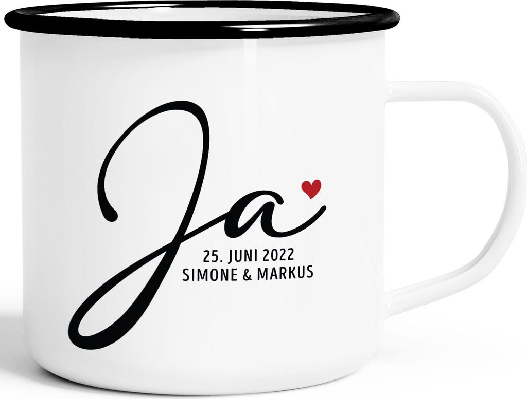 Emaille-Tasse personalisiert Geschenk Hochzeit Hochzeitstag Namen und Datum Herz Hochzeitsgeschenk SpecialMe emaille-weiß-schwarz standard