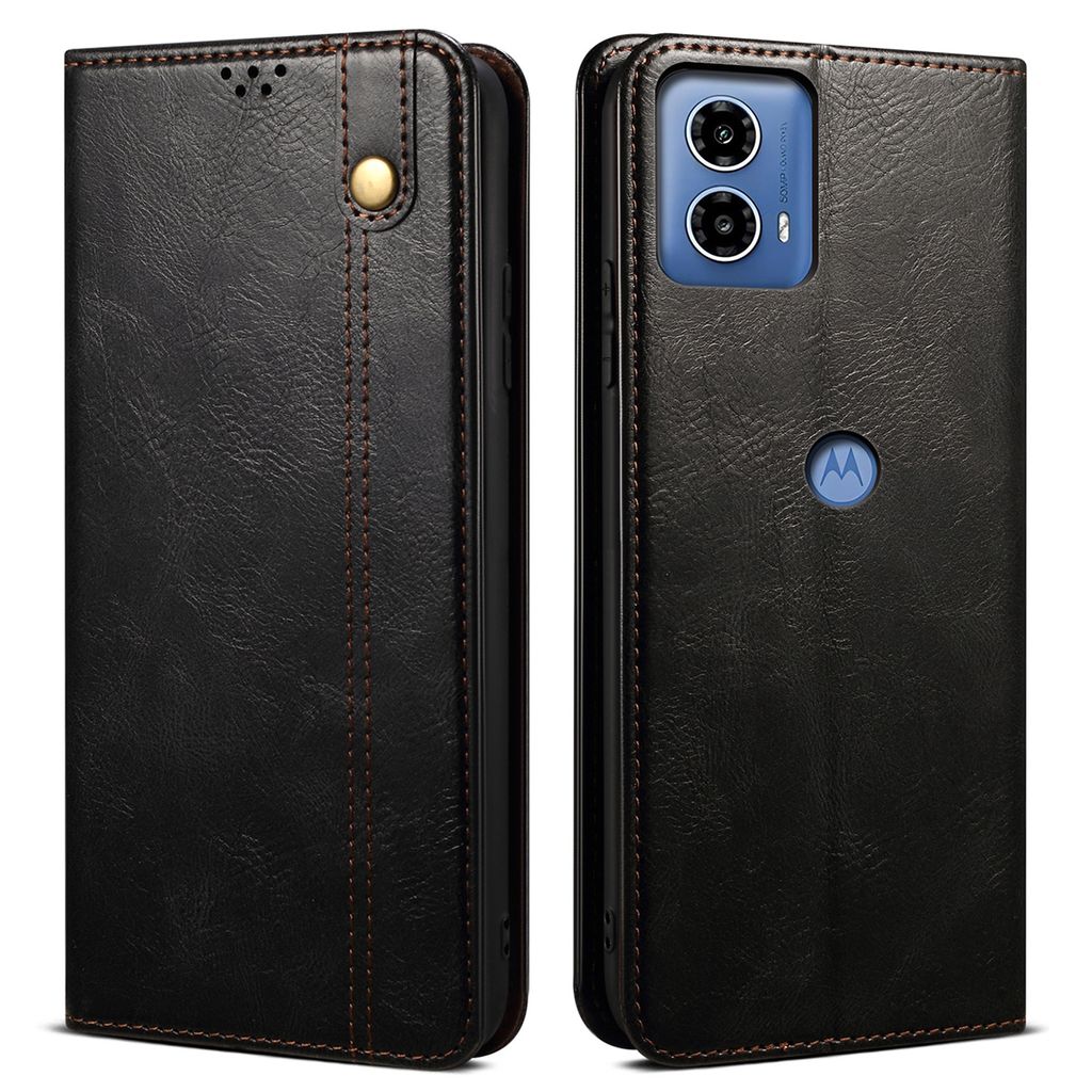 A black leather wallet case for a Motorola phone is shown from the front and back.