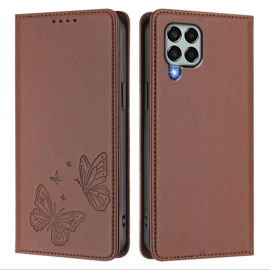 Lederhülle für Samsung Galaxy M33 5G, Schmetterling Prägung Leder Brieftasche Schutzhülle mit Ständer Braun