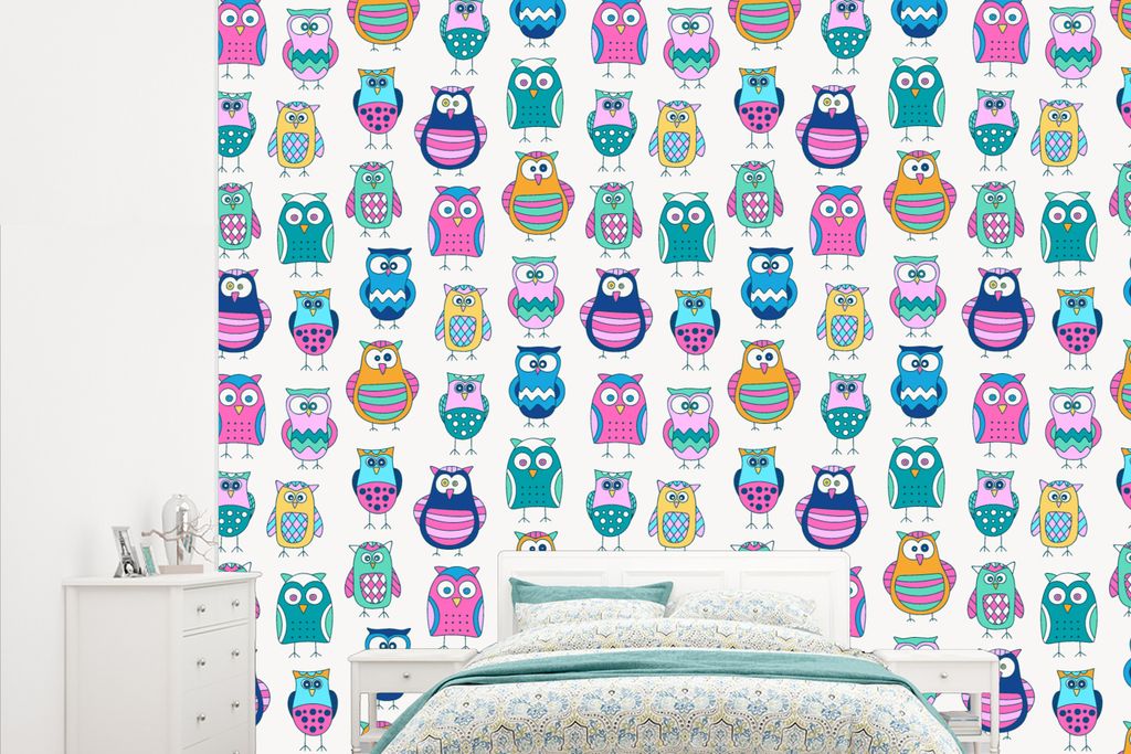 MuchoWow Fototapete für Wohnzimmer oder Schlafzimmer Wandtapete Vinyl Motivtapete Regenbogen - Eule - Cartoon - 265x220 cm - Die Küche