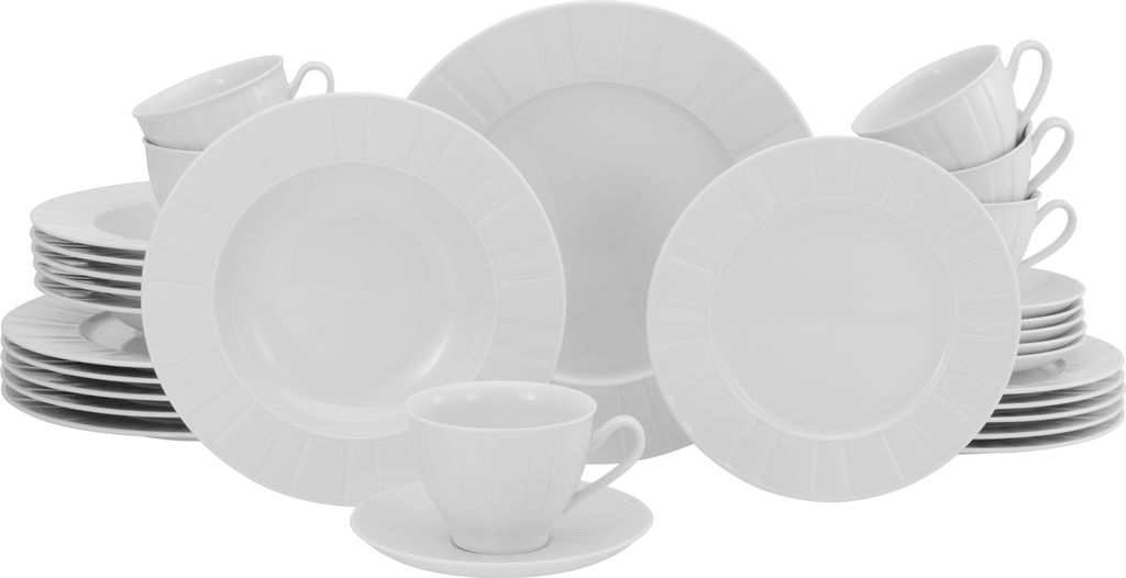 A white porcelain dinnerware set is arranged on a white background.