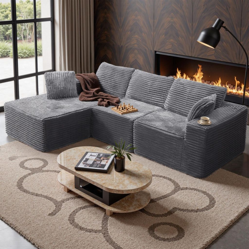 Hawthyhome Ecksofa L-form Modulares Cloud-Sofa aus Cord frei kombinierbar mit vier Kissen geeignet für Wohn- und Schlafzimmer Grau