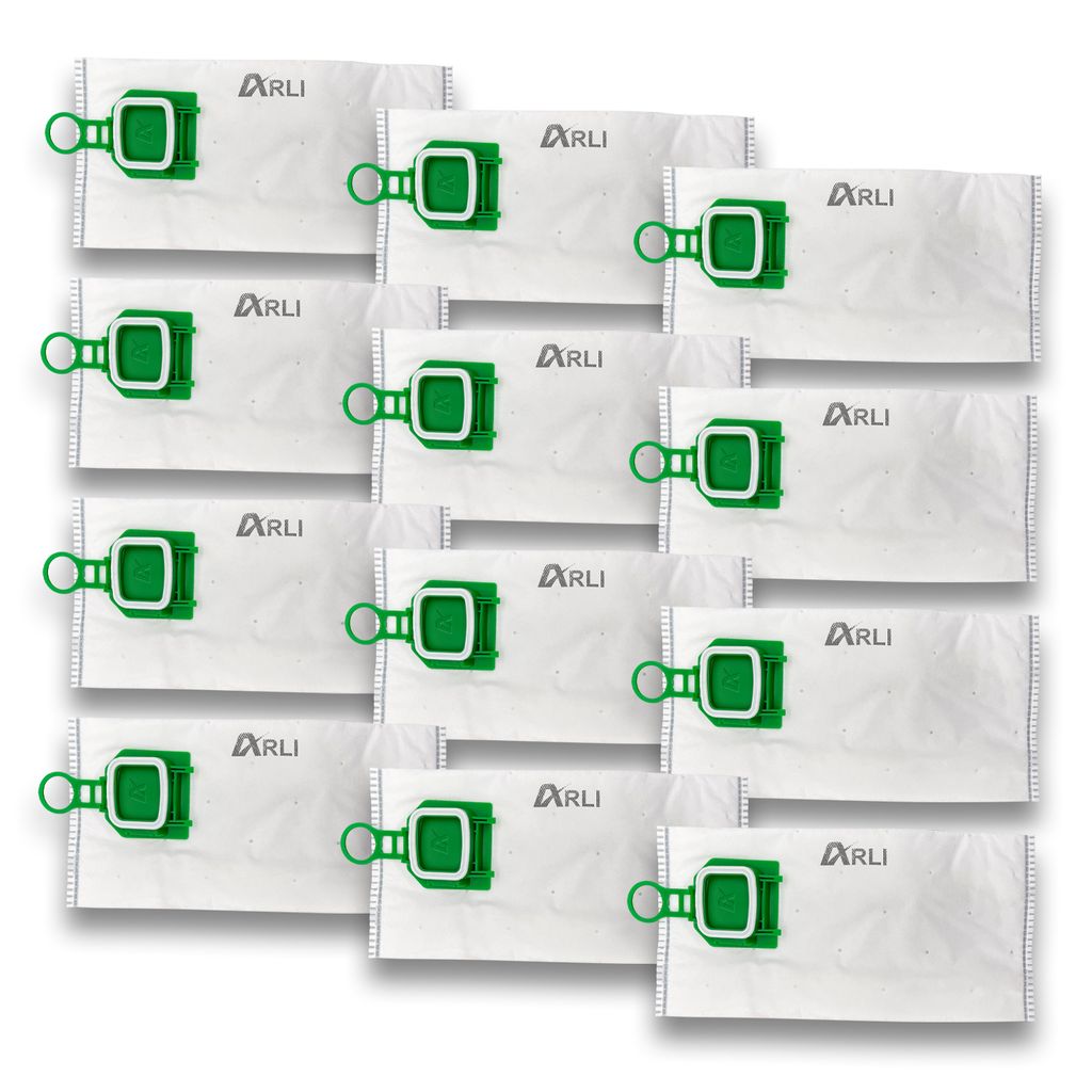 A stack of vacuum cleaner bags with green plastic connectors.