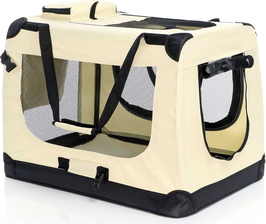 Fudajo Faltbare Transportbox für Hunde, Katzen L (70x52x50cm), robust, leicht, sicher, Hundebox mit Tragegriff und Decke, Beige