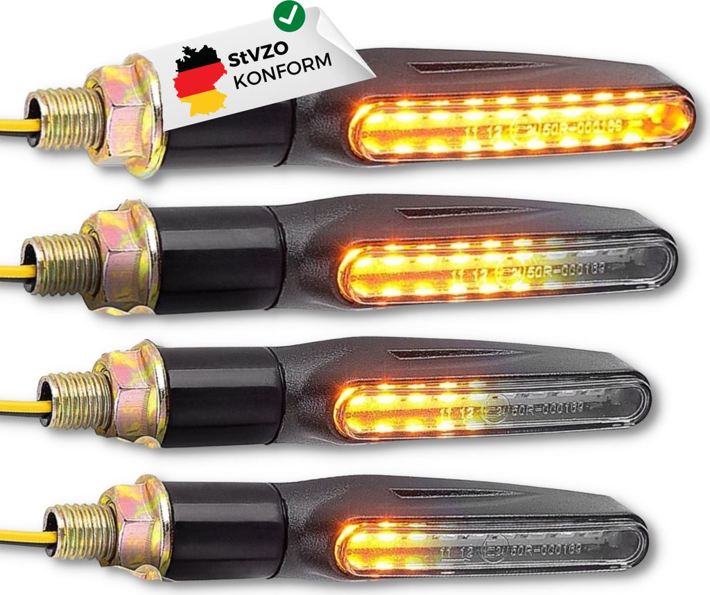 Binego® 4x LED Blinker Motorrad E Geprüft mit Lauflicht LED | Universelle Mini Blinker Moped Zubehör | StVZO konform