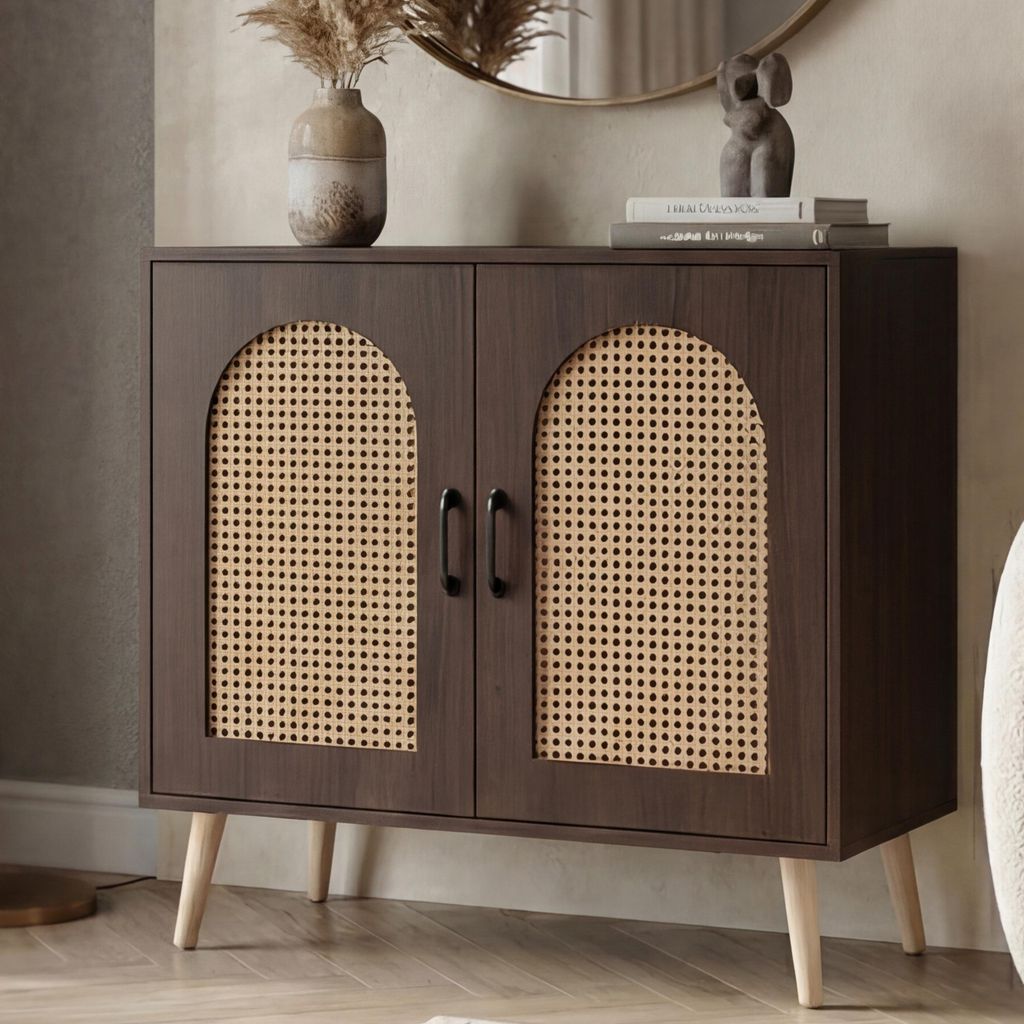 Kommode HWC-P51, Schrank mit Türen Anrichte Staufächer, Poly-Rattan MDF Melamin 79x80x40cm Walnuss-Optik