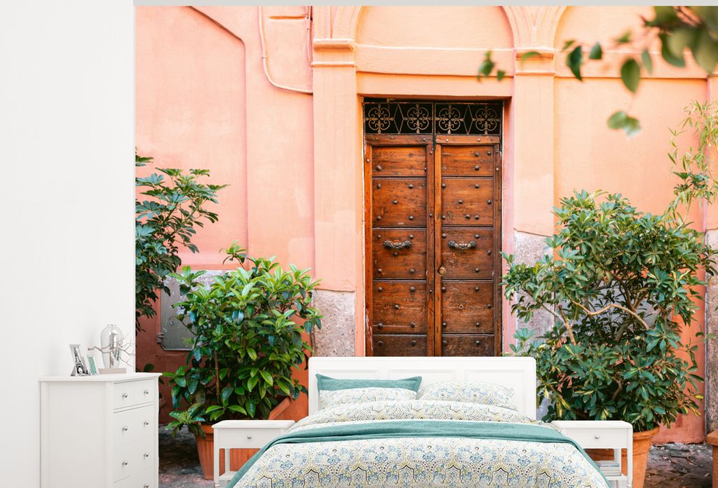 MuchoWow Fototapete für Wohnzimmer oder Schlafzimmer Wandtapete Vinyl Motivtapete Tür - Holz - Pflanzen - Grün - 275x220 cm - Gemustert