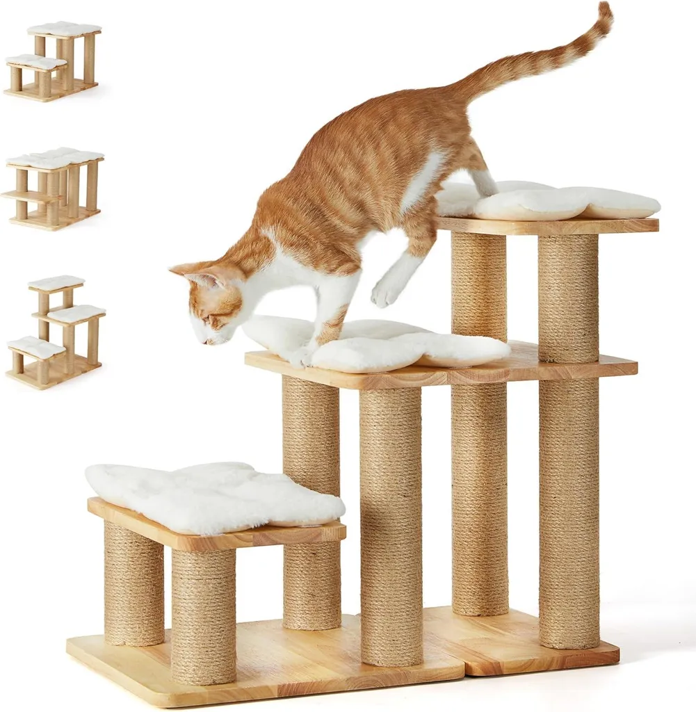 Échelle pour animaux en bois de caoutchouc 3 niveaux réglable à 50 cm
