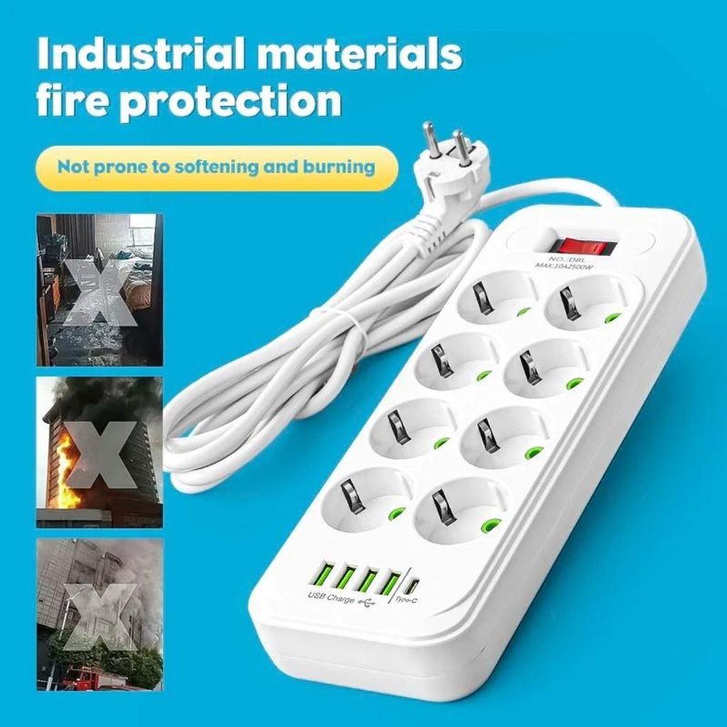 Mehrfach-Steckdosenleiste 8-fach, 4 USB + Typ-C, EU Stecker, 2500W, 2m Kabel, Schnellladen, sicher & hitzebeständig, für mehrere Geräte gleichze...