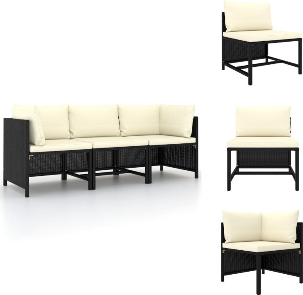vidaXL 3-Sitzer-Gartensofa mit Auflagen Schwarz Poly Rattan - Gartensofaelemente