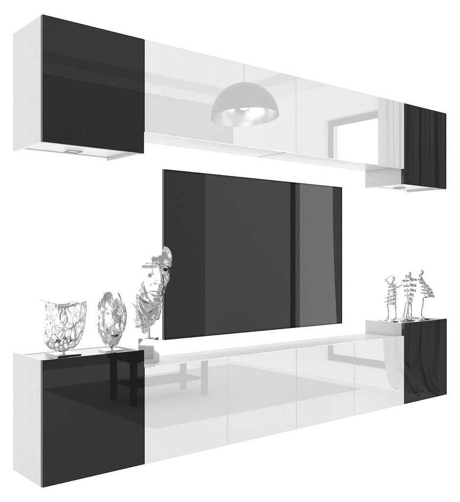 BELINI Wohnwand MILANO 4 Wohnzimmer 300 cm - Weiß/Schwarz Hochglanz, Moderne Schrankwand Set, Anbauwand TV-Schrank Griffloses System