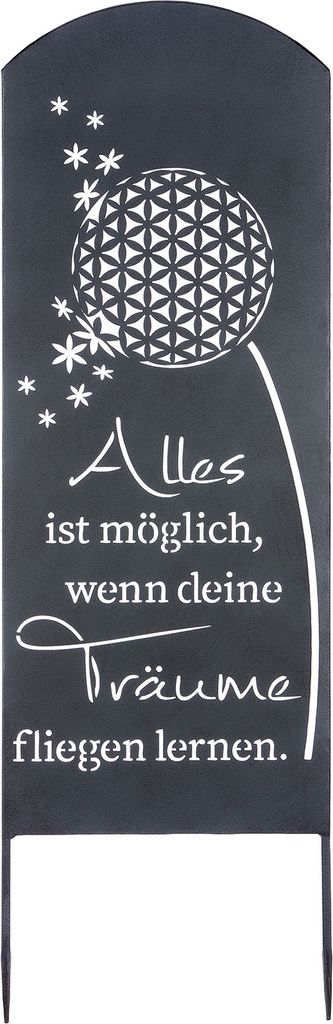 Gilde Gartenstecker, rechteckig, "Träume", Pusteblumenmotiv, Spruch, Metall, grau, , L. 3 cm, B. 35 cm, H. 90 cm 69108