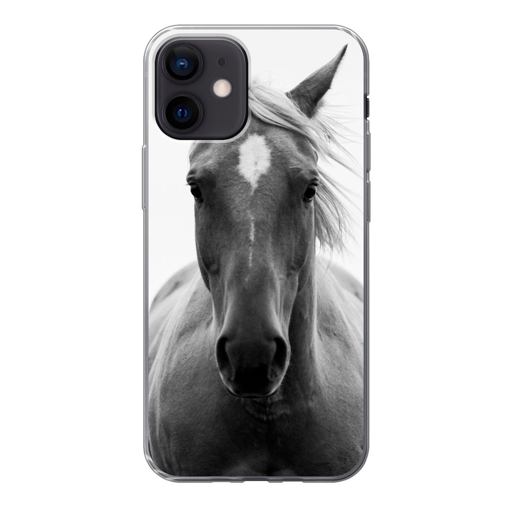 MuchoWow Handyhülle Schutzhülle Hülle für iPhone 12 Pferd - Tier - Schwarz - Weiß Silikon Softcase Handy Hülle - Schutzhülle