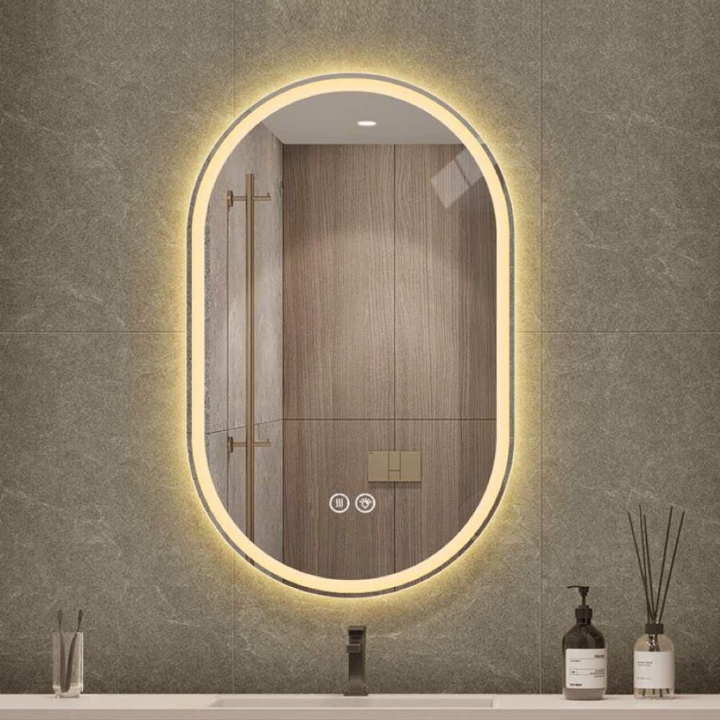AIORBER 60x100cm LED Badezimmerspiegel Oval, Anti-Beschlag, Touchscreen, Dimmbar, 3 Lichtfarben, Wandmontage, Smart Spiegel Silber