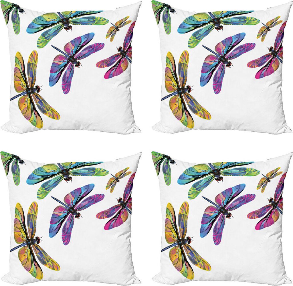 ABAKUHAUS Libelle Kissenbezug Set (4 Stück), Sechziger-Stil Tiere, Moderner Doppelseitiger Digitaldruck, 60 cm x 60 cm, Mehrfarbig