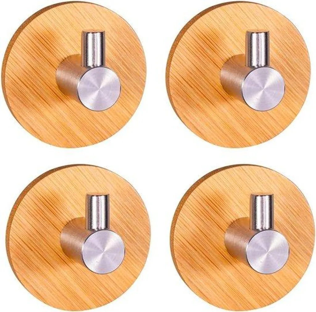 Lot de 4 crochets autocollants en bambou naturel pour salle de bains
