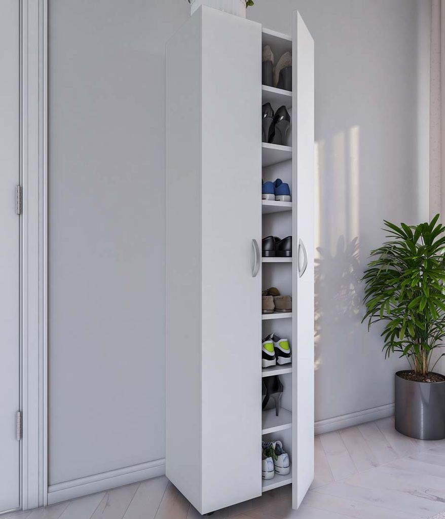 A tall, white shoe cabinet with two doors is shown in a room, with one door slightly ajar revealing shelves filled with shoes. A potted plant is visible to the right.