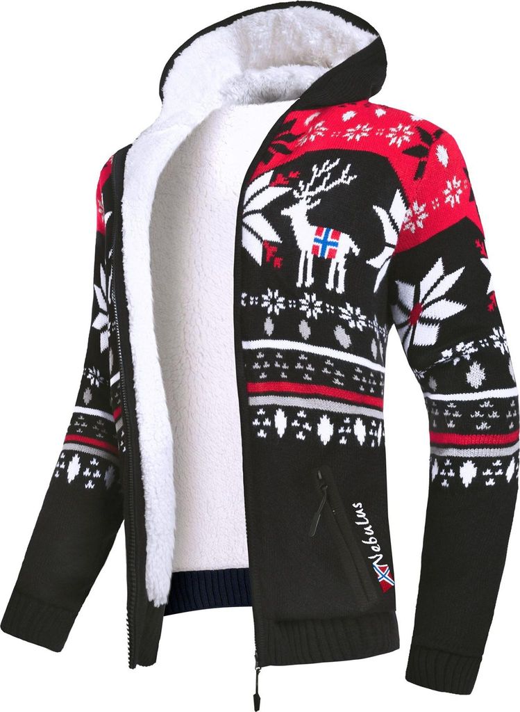 Nebulus Norweger Jacke Hoody mit Teddyfell NORON Herren, mit Kapuze, schicker Pullover im Norweger-Style, P6404 - Herren, schwarz-rot, L
