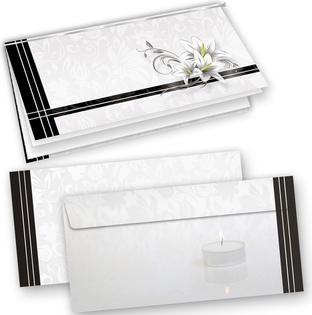 Elegante Trauerkarten (10 Sets) selbst bedruckbar/beschreibbar mit feinem Einlegeblatt, inkl. Briefumschläge