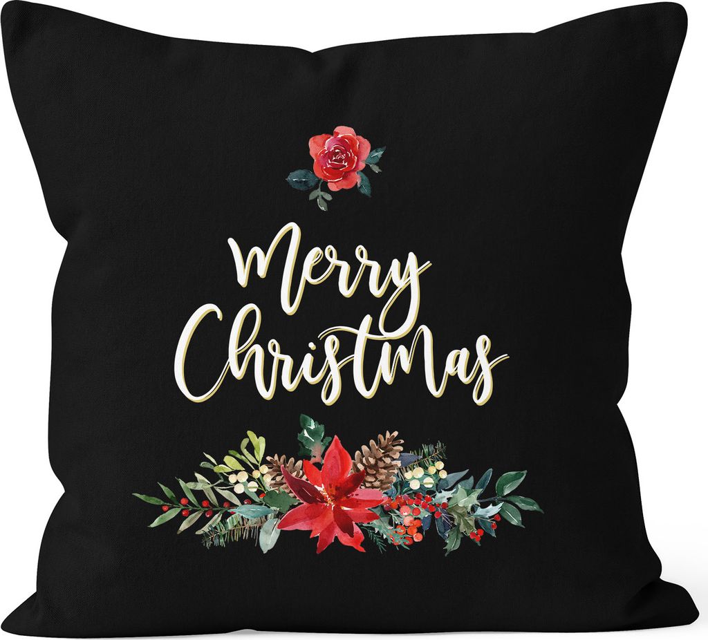 Kissenbezug Weihnachten Merry Christmas Blumen Weihnachtsstern Christstern Kissen-Hülle traditionell Autiga schwarz 40cm x 40cm