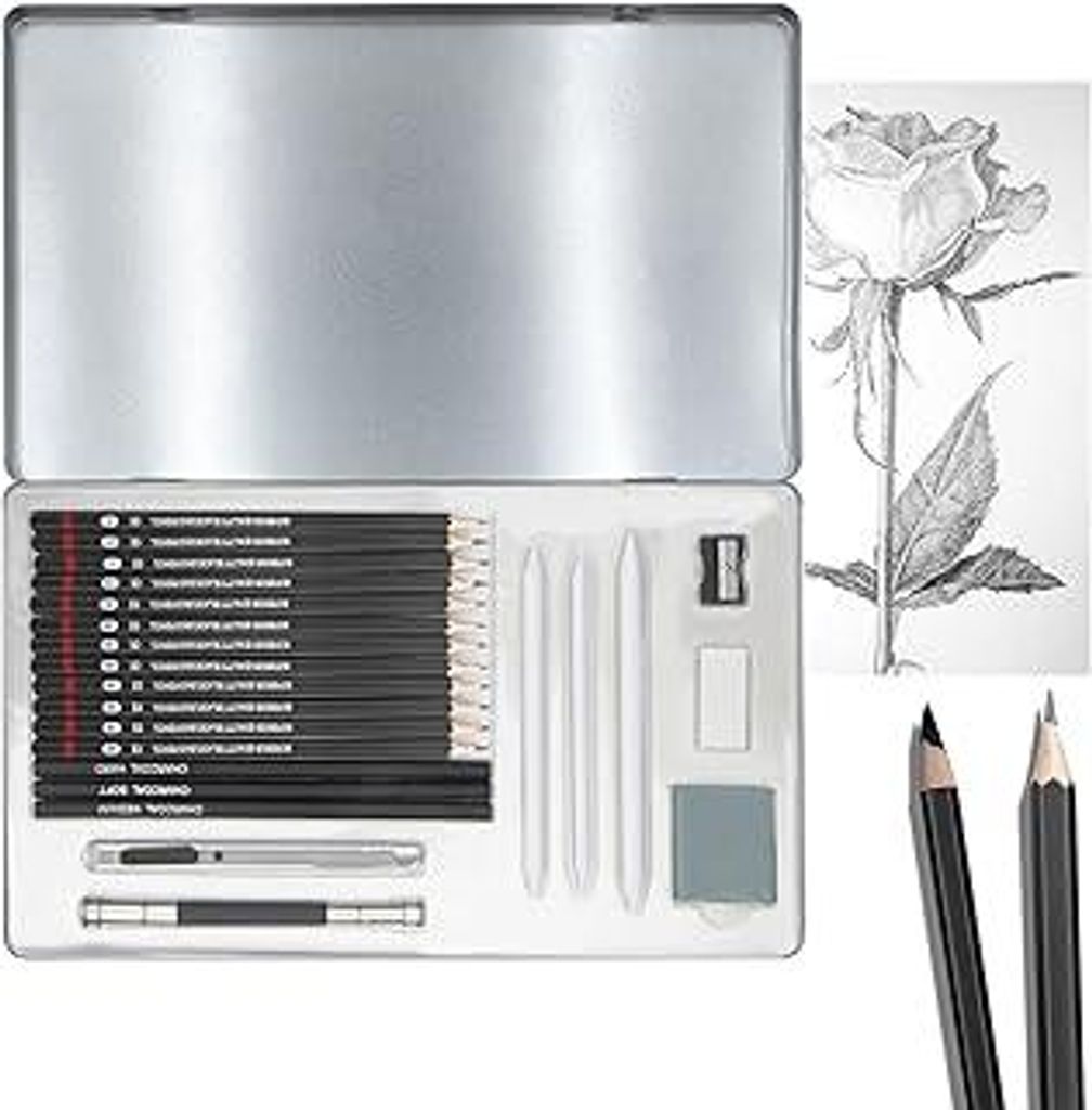 23-Teiliges Zeichenstifte Set - Bleistift Zeichnen Sketch Set mit Graphitstifte, Kohlestifte, Extender für Künstler, Kinder, Erwachsene, Zeichnungen