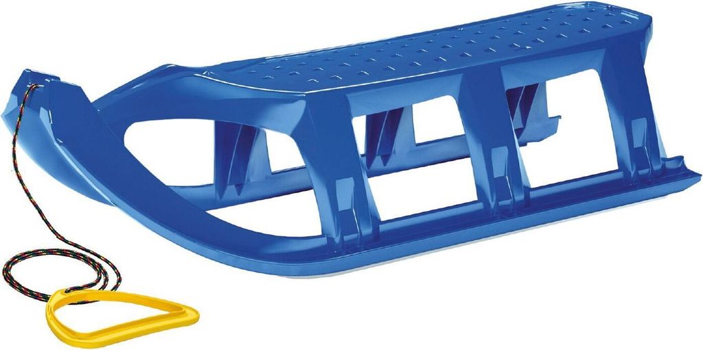 A blue plastic sled with a yellow handle and rope, isolated on a white background.