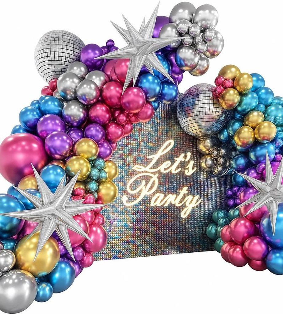 130-teiliges Chrom-Ballonbogen-Set – Luxus Ballondekoration für Geburtstag, Jubiläum, Party und Fotoshoot – Disco Thema – Gemischte Farben
