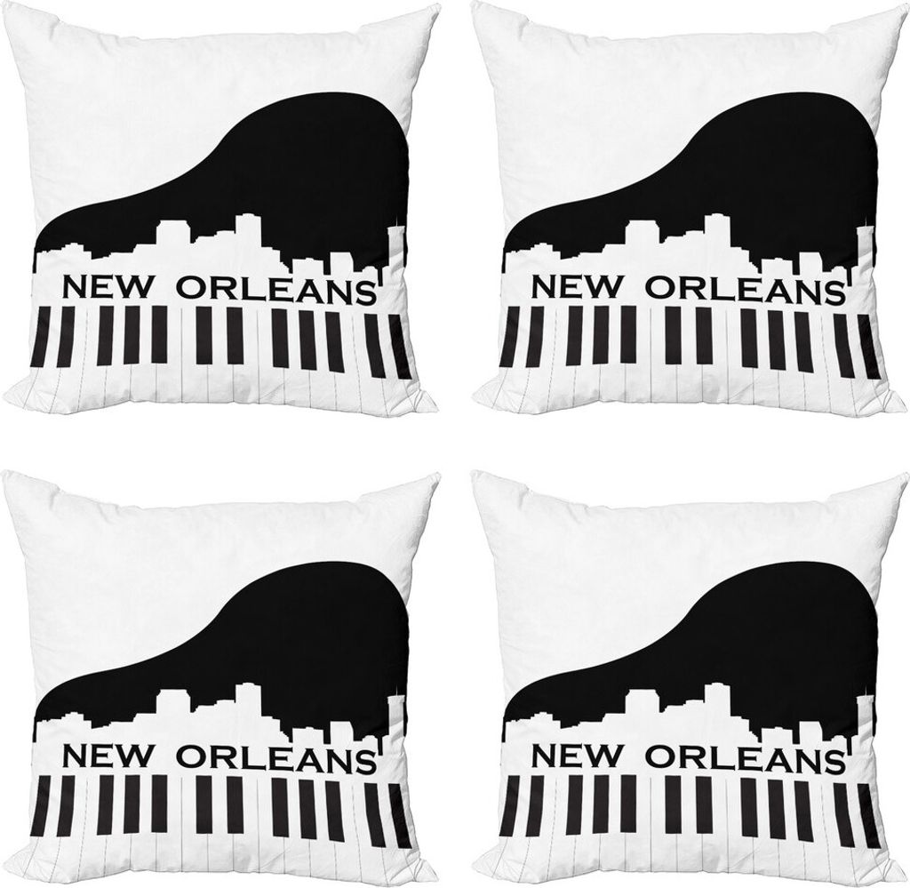 ABAKUHAUS New Orleans Kissenbezug Set (4 Stück), Piano Jazz Musik, Moderner Doppelseitiger Digitaldruck, 60 cm x 60 cm, Schwarz und weiß