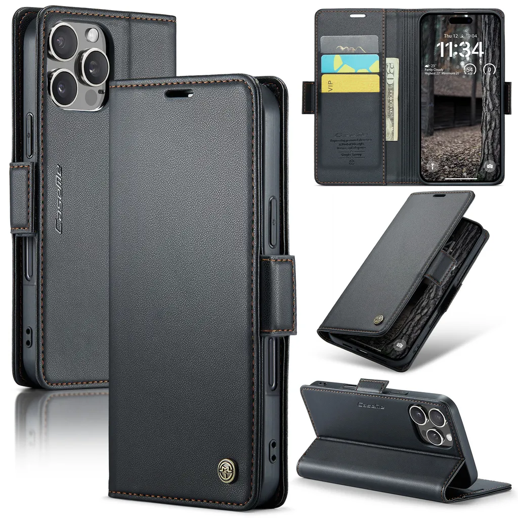 Custodia per iPhone 16 Pro Max, carta di blocco RFID, custodia in pelle avanzata con funzione di stand Nero
