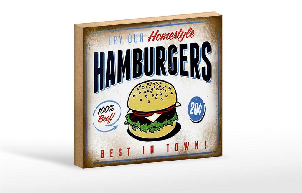Holzschild Spruch 18x12cm Hamburger best in town 100% Beef