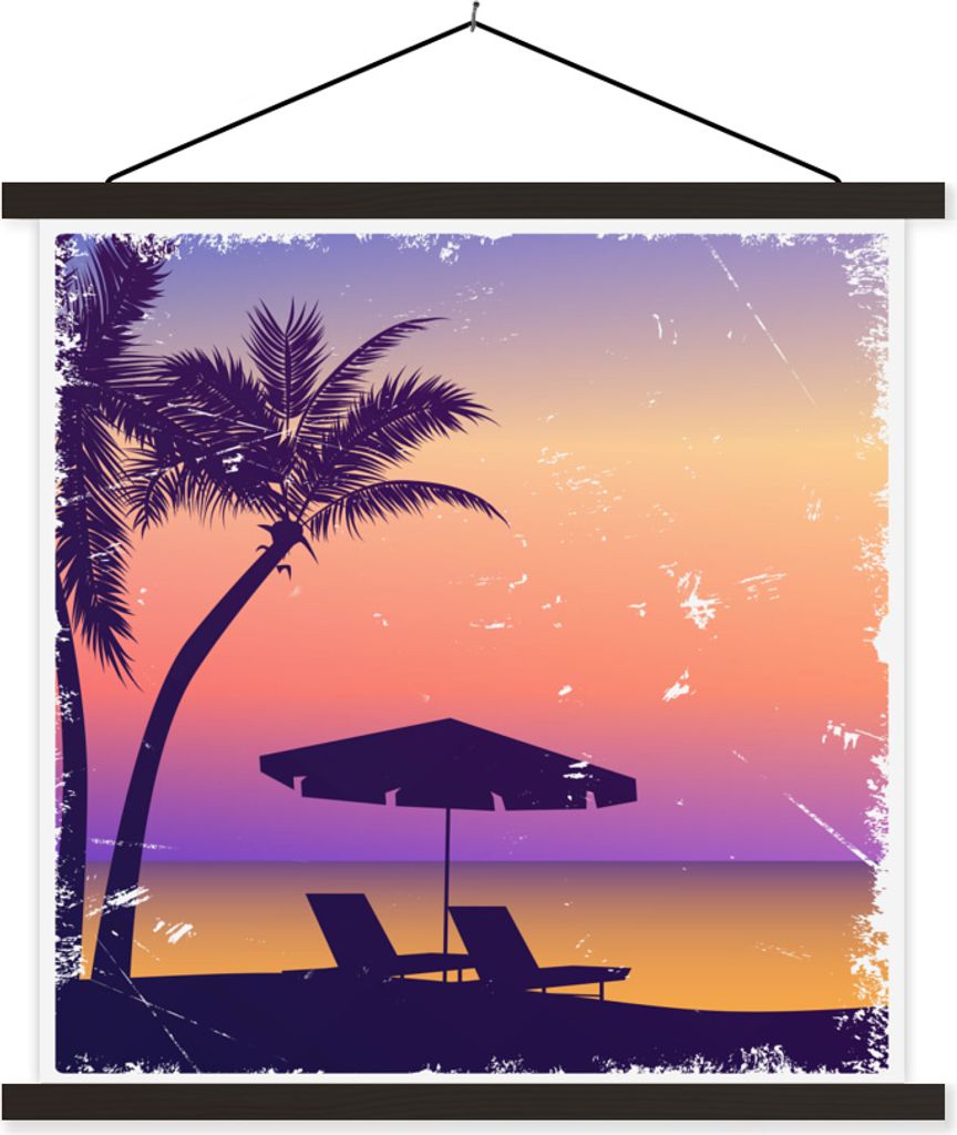 MuchoWow Textilposter Strandkorb - Sonnenschirm - Nacht - Aquarell 90x90 cm mit schwarzem Rahmen - Magnetisches