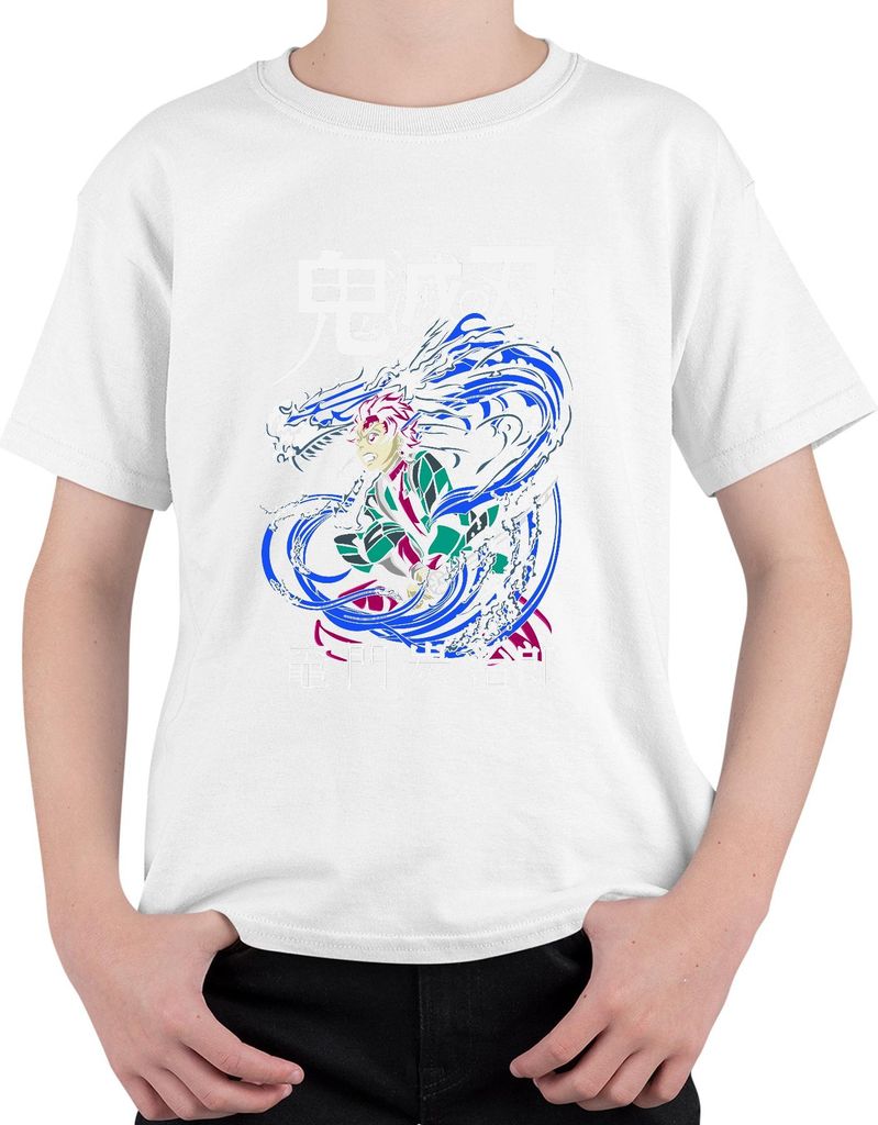 Demon Slayer Tanjiro Kamado Wasserdrache Anime Geschenk Japan Y2K Streetwear Uni Kinder T-Shirt, Weiß, 104