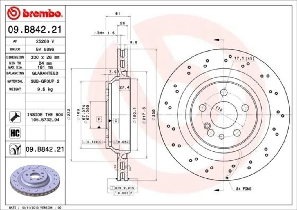 Brembo 09.B842.21 Disque de frein pour Mercedes Classe S W220 C215