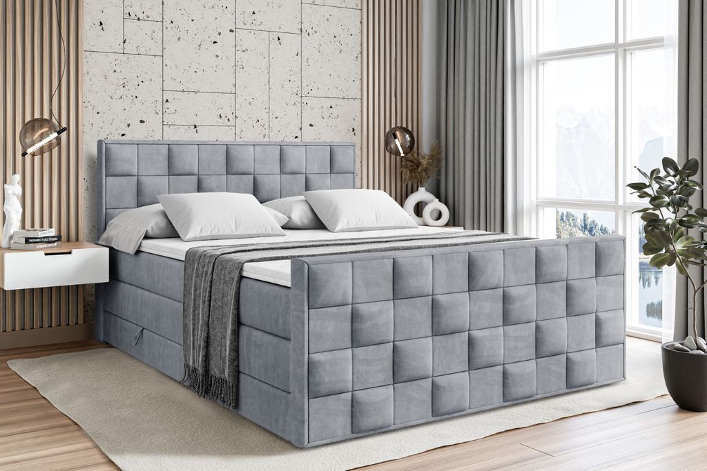 ALTDECOR Boxspringbett mit H3 Matratze-Bonellfederung, H4 Multipocket-Matratze, PUR, Topper (4 cm hoch), Polsterbett mit Kopfteil und Bettkasten - ...