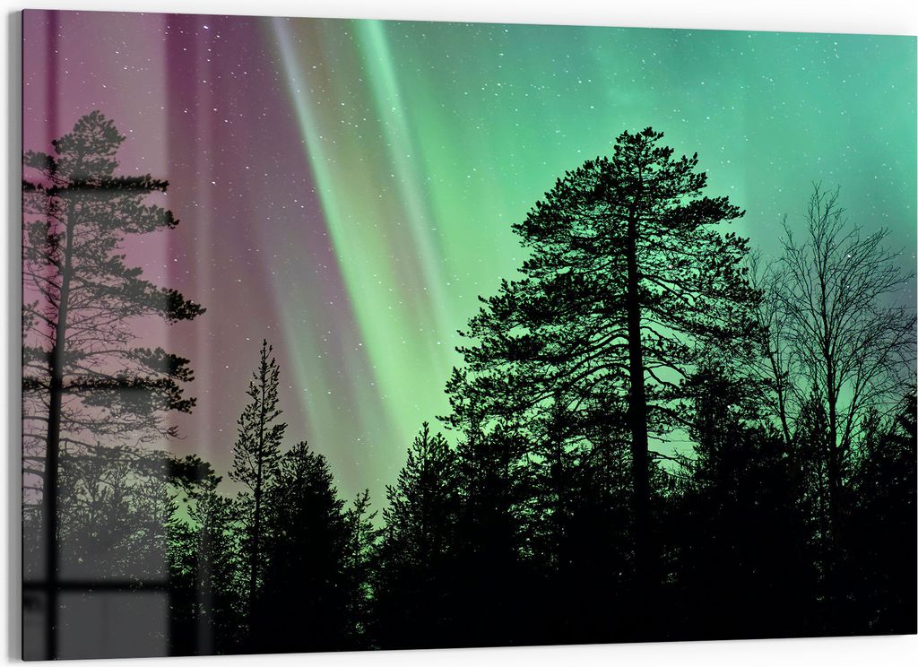 DEQORI Glasbild Echtglas 90x60 cm 'Polarlichter im Wald' Wandbild Bild modern Deko