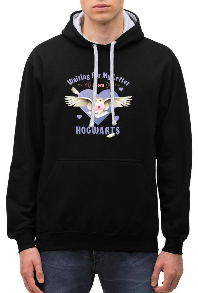 Spreadshirt Harry Potter Hedwig Spruch Brief Aus Hogwarts Uni Kontrast Hoodie, M, Schwarz/Grau meliert