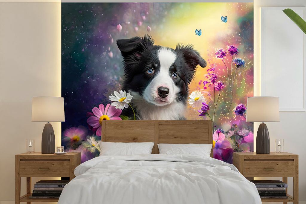 MuchoWow Fototapete für Wohnzimmer oder Schlafzimmer Wandtapete Vinyl Motivtapete Hund - Blumen - Natur - Welpe - Border Collie - 280x280 cm - H...
