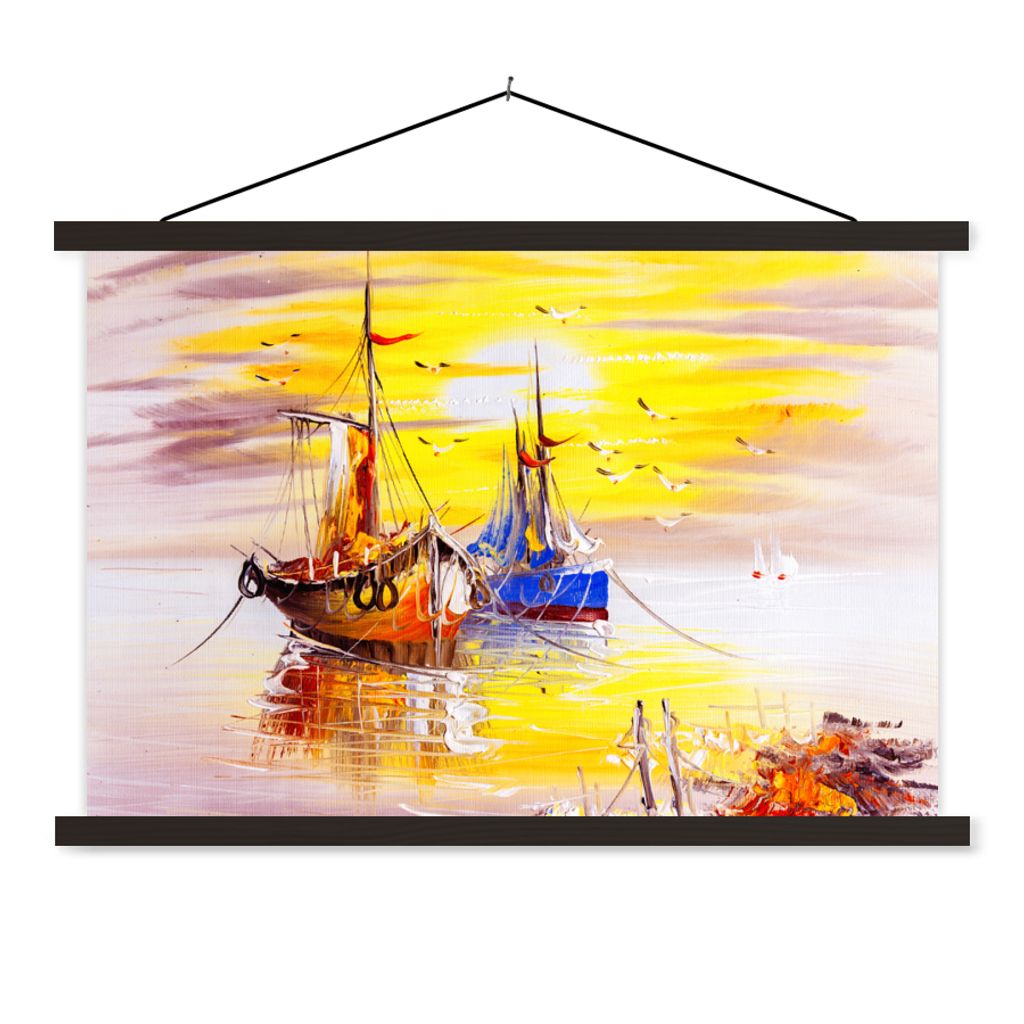 MuchoWow Textilposter Malerei - Boot - Wasser - Ölfarbe 150x100 cm mit schwarzem Rahmen - Schlafzimmer