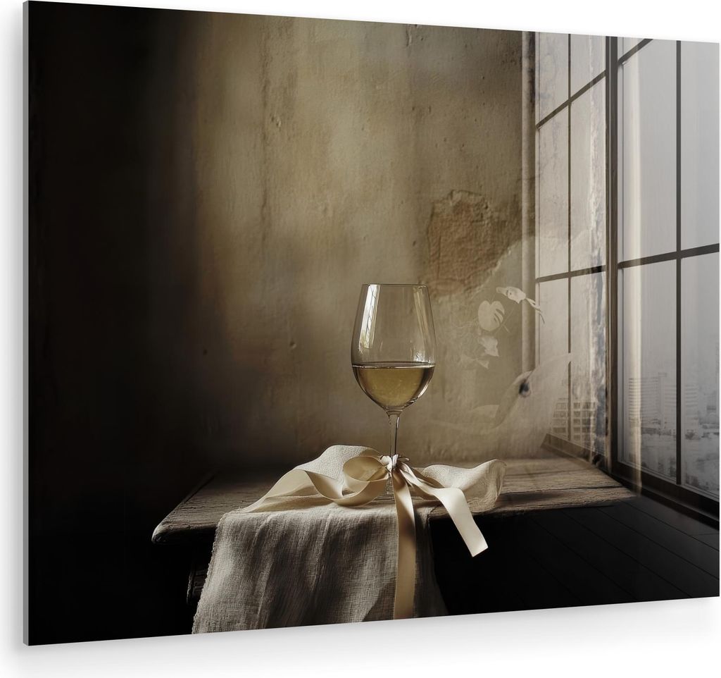 MuchoWow Glasbilder - Bilder auf Wandbild - Foto auf Glas Schleife - Beige - Weiß - Wein 80x60 cm Wanddekoration aus Glas - Acrylglasbild - Acrylb...