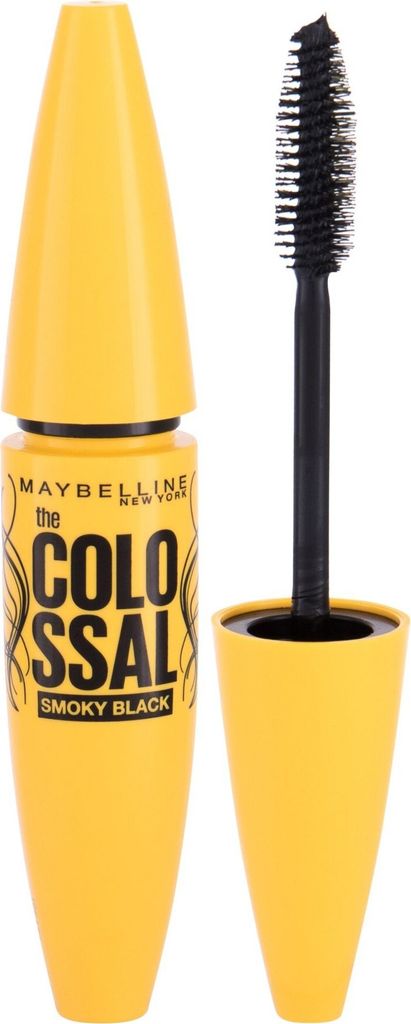 A Maybelline Colossal Smoky Black mascara tube and wand are shown against a white background.