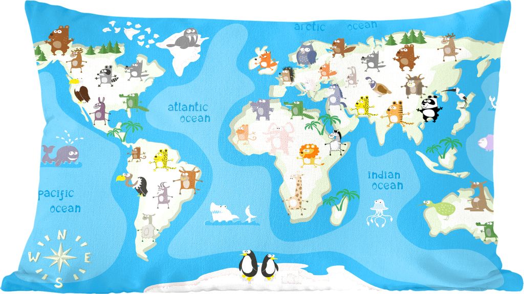 MuchoWow Zierkissen Sofakissen Wohnzimmer Dekokissen 50x30 cm Weltkarte - Kind - Tiere - Blau - Jungen - Mädchen - Wohnzimmerdekoration - Polste...