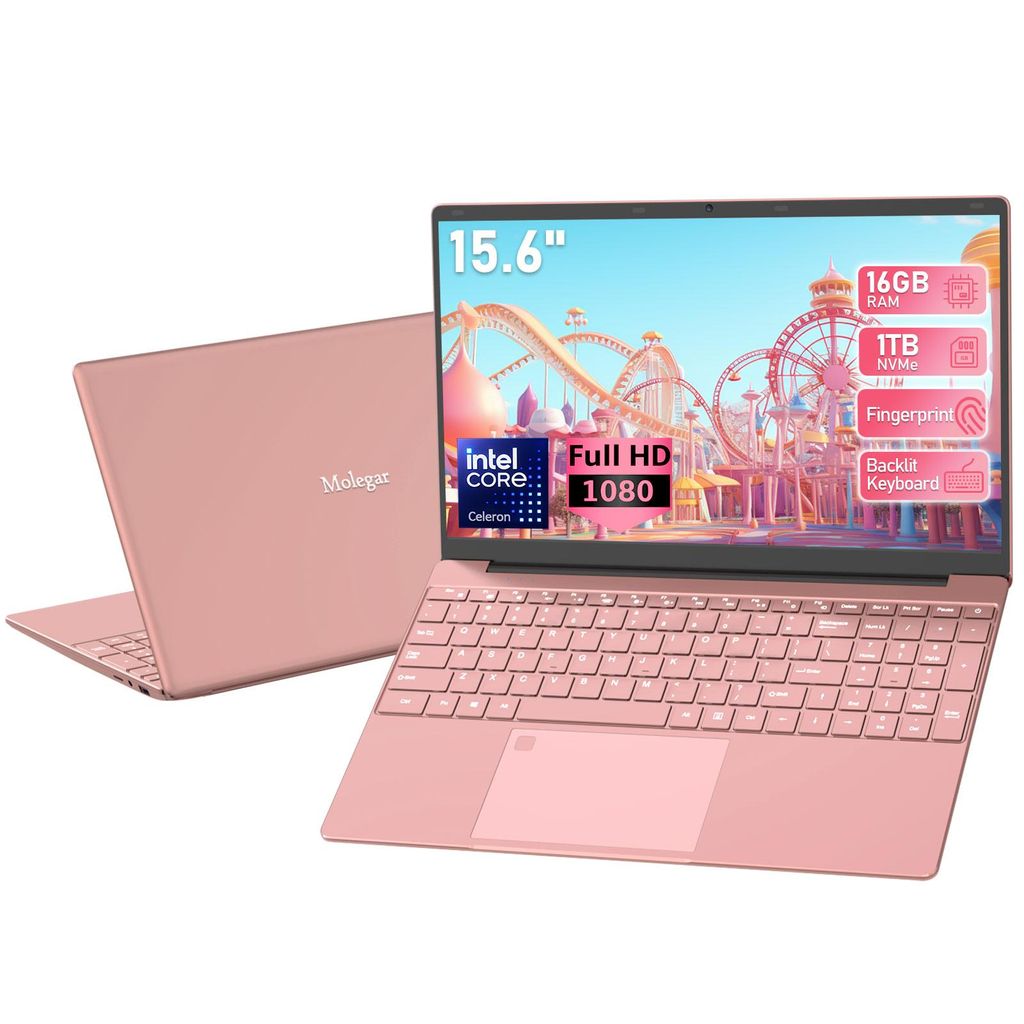 Molegar 15.6" Pink Laptop, 5205U, FHD, 16GB DDR4, 1TB PCIe SSD, Backlit KB, Fingerprint, 180° Hinge, 6000mAh Battery, Webcam, WiFi 5, USB 3.0, Rosa