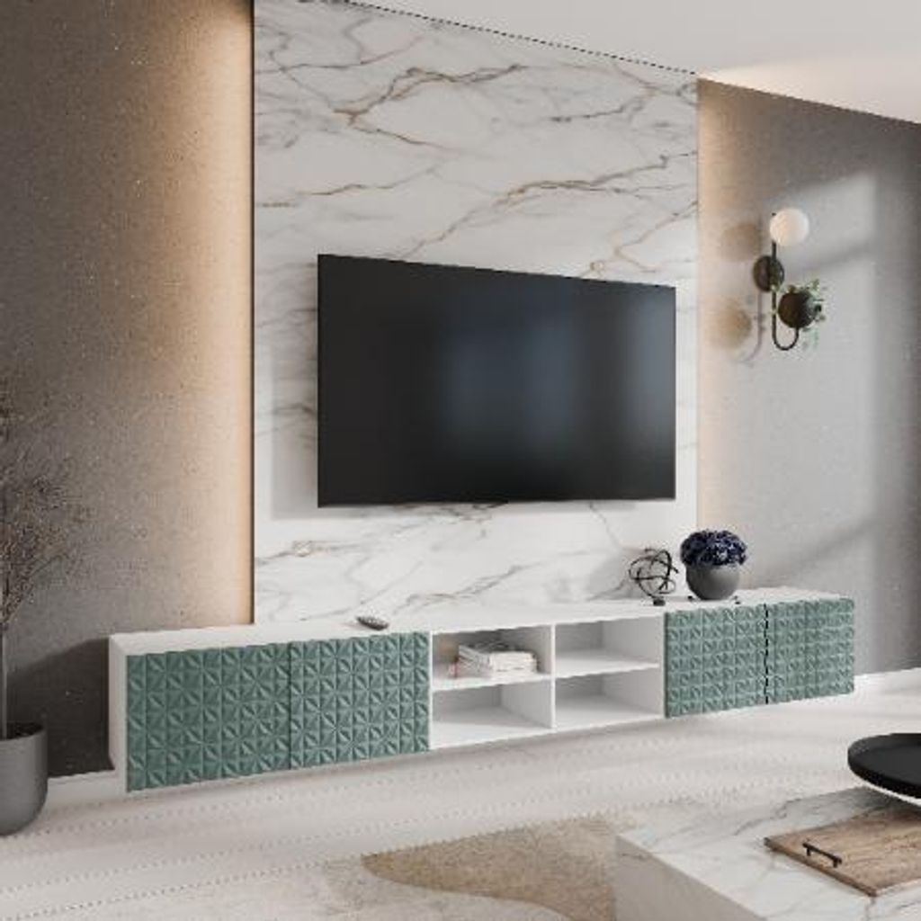 Margaret Hadas24 TV-Schrank Cali IV Fernsehschrank TV-Lowboard 300 cm Hängend modernes Design Wohnzimmer Wandmontage, TV Möbel weiß, grün